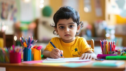 Child learning to write at home, sitting at a desk with colorful school supplies, supportive and nurturing environment.