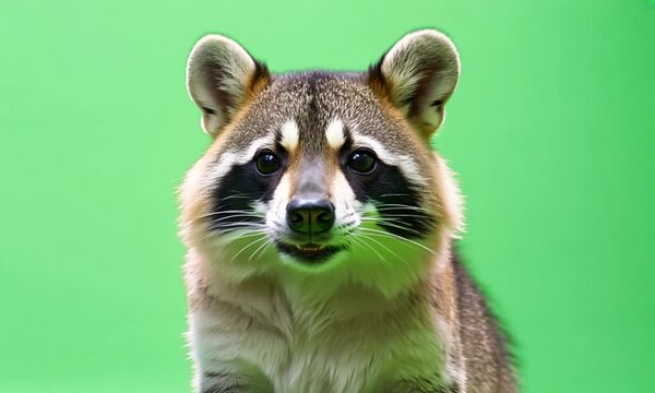 Cute fluffy animal racoon looking at camera. Isolated on green screen.