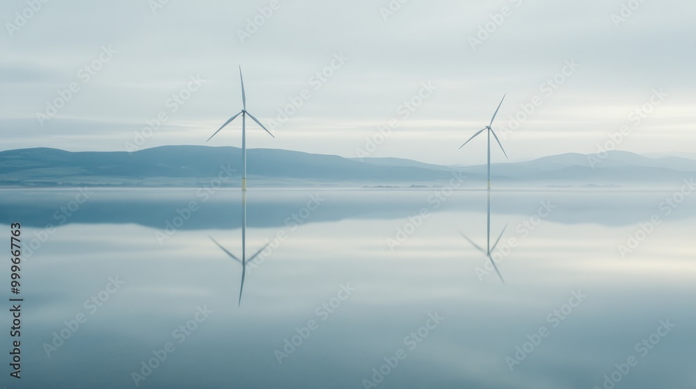 Sticker Tranquil landscape featuring wind turbines reflecting on calm water.