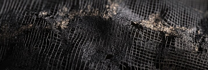 Torn mesh fabric texture, with frayed edges and visible holes in a dramatic close - up