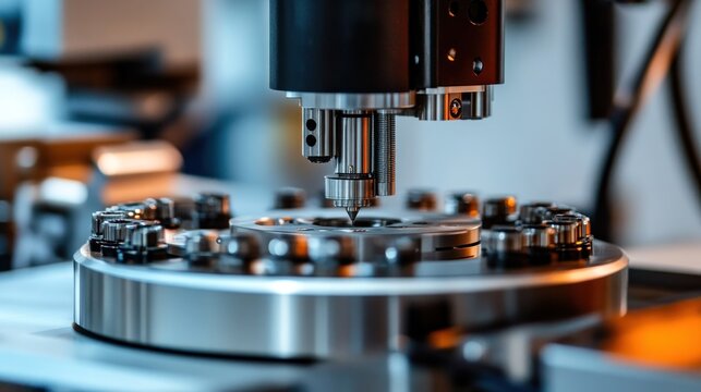 Close-up of a precision machining tool in an industrial setting.