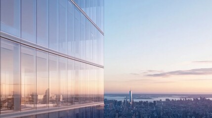 Fototapeta premium A modern glass skyscraper reflecting the sky and surrounding city, with minimalist design.