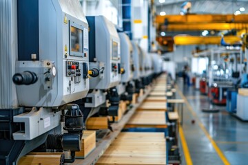 Naklejka premium Factory floor with multiple machinery units next to each other for manufacturing and production purposes