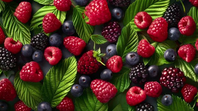 Close up of fresh berry fruit background with leaves, top view. Photorealistic high resolution macro photography for advertising or food design