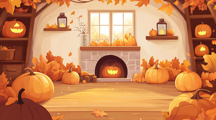 Obraz premium A cozy autumn scene with pumpkins, leaves, and a fireplace.