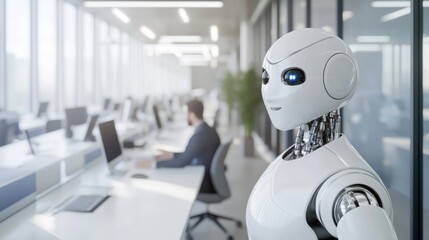 Fototapeta premium A hyper realistic robot assistant in a modern office, interacting with a human coworker.