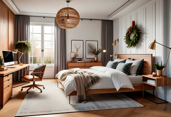 Fototapeta premium New year tree and christmas decoration in cosy light bedroom. AI generated. 