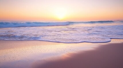 Tranquil Ocean Sunset with Gentle Waves and Vibrant Sky Reflection on Sandy Beach