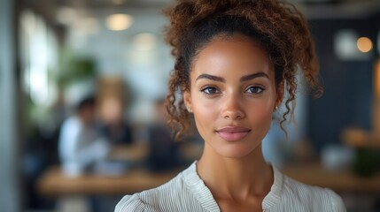 confident businesswoman stands proudly in modern office setting behind her diverse team collaborates in sleek contemporary workspace
