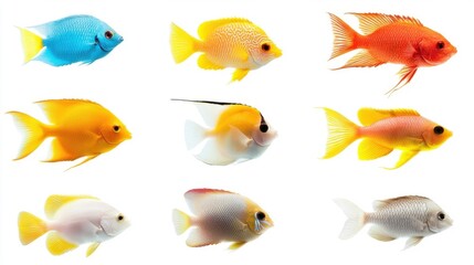 Fototapeta premium A group of colorful tropical fish swimming, isolated on a whitebackground.