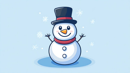 A cute cartoon snowman with a top hat and a scarf standing on a blue background with snowflakes.