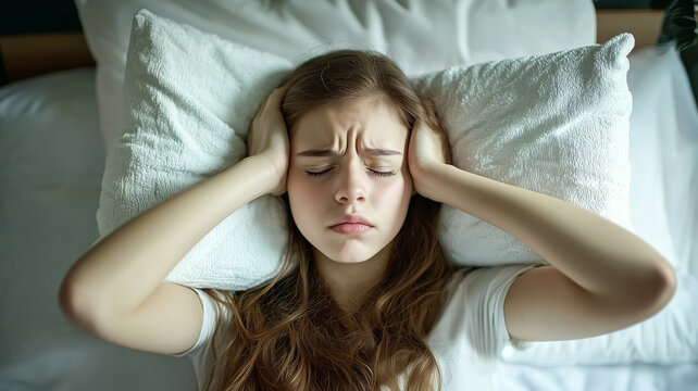 Frustrated Girl Using Pillow to Block Alarm Sound in Her Bedroom.