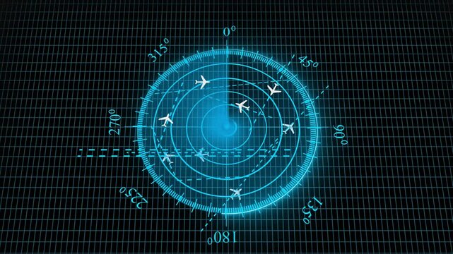 An air traffic control tower equipped with radar.High-tech radar scanner for flight coordinates between countries and continents. Map of International Air Travel between continents and countries.