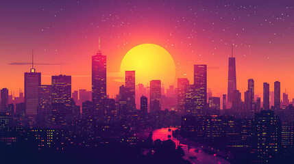 Fototapeta premium A vibrant cityscape skyline with a large yellow sun and purple and orange sky.