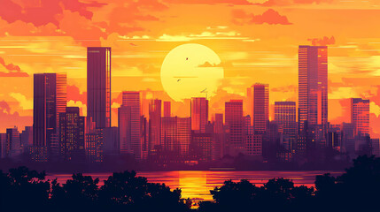 Fototapeta premium Silhouette of a city skyline at sunset. The sun is setting behind the skyscrapers, casting an orange glow over the scene.