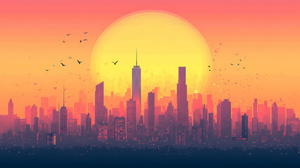 Fototapeta premium A minimalist city skyline illustration at sunset with birds flying overhead.
