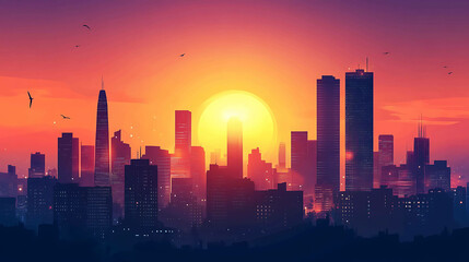 Fototapeta premium A sunset over a city skyline.