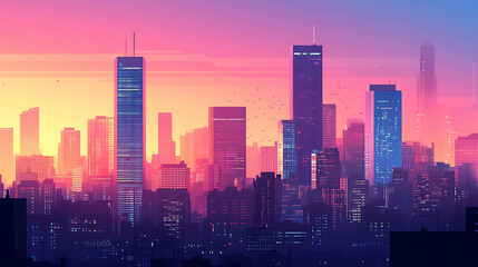 Obraz premium Silhouetted cityscape against a colorful sunset.