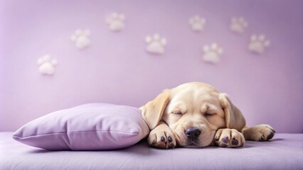 Cute Labrador Puppy Sleeping on Purple Pillow with Paw Prints Background
