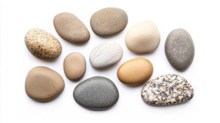 A cluster of smooth river stones arranged in a natural pattern, isolated on a white background.