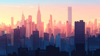 Fototapeta premium Silhouettes of skyscrapers against a colorful sunrise.