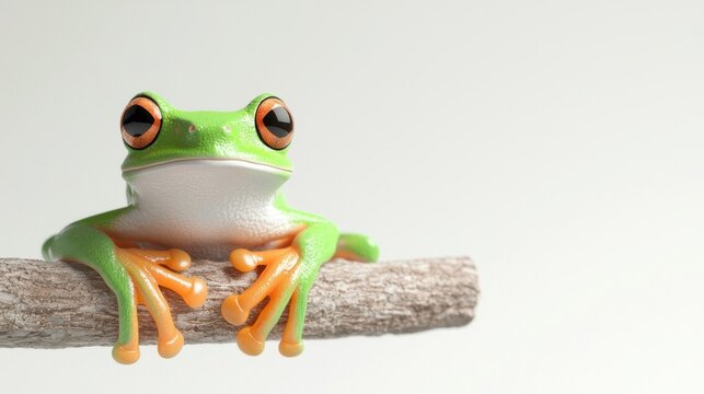 A 3D rendered tree frog sitting on a branch, isolated on a white background.