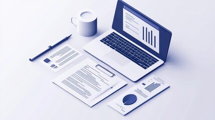 A workspace with a laptop, documents, a pen, and a cup, indicating productivity and analysis.