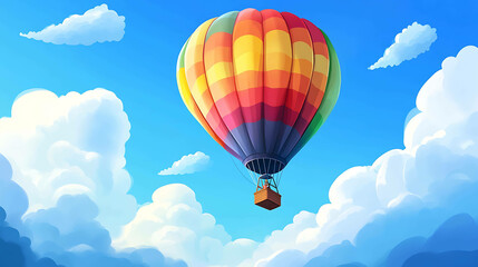 Obraz premium Colorful hot air balloon floating in a blue sky with fluffy white clouds.