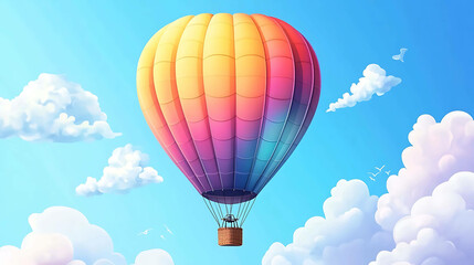 Fototapeta premium Colorful hot air balloon flying in a blue sky with white clouds.