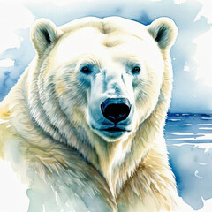 Fototapeta premium A watercolor portrait of a polar bear, with piercing eyes and pristine white fur, set against icy waters