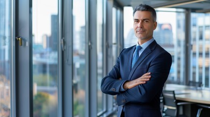 Fototapeta premium Confident senior manager in a modern office wearing a navy blue suit and blue tie