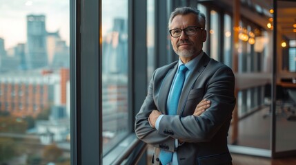 Fototapeta premium Confident senior manager in a modern office wearing a gray suit and blue tie