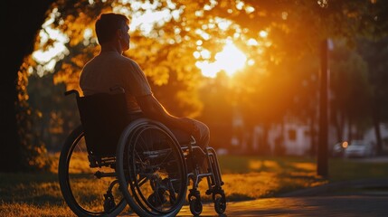 Obraz premium A person in a wheelchair enjoys a sunset in a tranquil park setting.