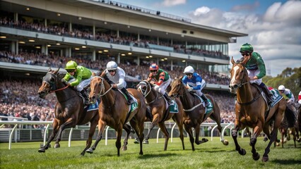 Thundering Horses Racing on Vibrant Green Track at Spring Carnival, Spectator Stands Bustling with Excited Crowd.
