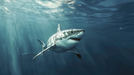 Fototapeta premium A great white shark swimming close to the ocean surface, its powerful body creating ripples as it moves with purpose. A dramatic and thrilling scene.