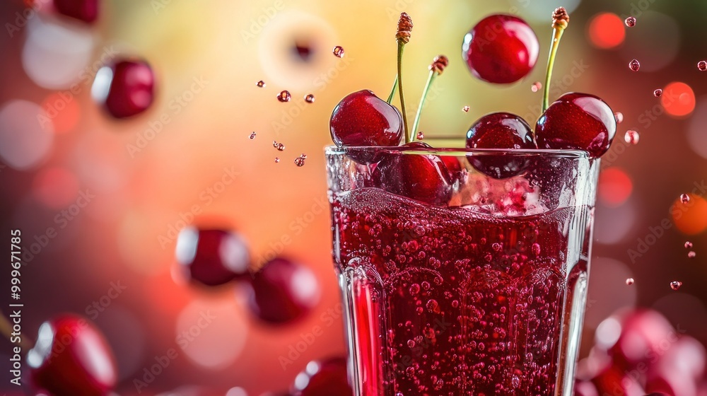 Canvas Prints A refreshing glass of cherry soda with floating cherries and bubbles.