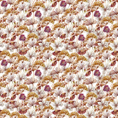 Summer watercolor floral seamless pattern on isolated white background for fabric, scrapbook paper, textile, wrapping paper. Flower wreath, bouquet hand painted endless illustrations