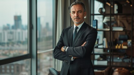 Fototapeta premium Distinguished business executive in a stylish office dressed in a dark suit and tie
