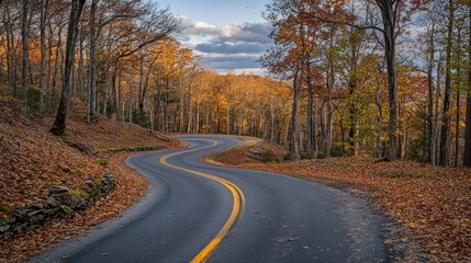 Fototapeta premium A winding road through a forest in autumn, showcasing vibrant foliage and a serene atmosphere.