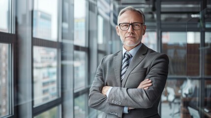 Fototapeta premium Distinguished middle-aged businessman in a sleek office wearing a gray suit and striped tie