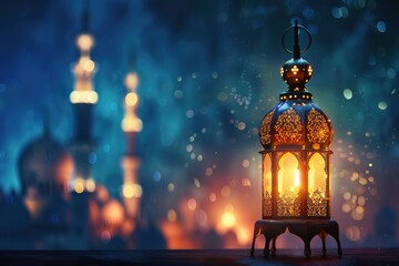 Holy month of Ramadan concept. Burning, lighting, glowing Ramadan Lantern on white table on the background of a dark blue textured wall. Greetings card. Place for text on the left.
