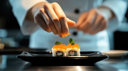 A chef's precise hand garnishes a sushi piece with caviar from a small dish, demonstrating meticulous culinary skill and sushi art.
