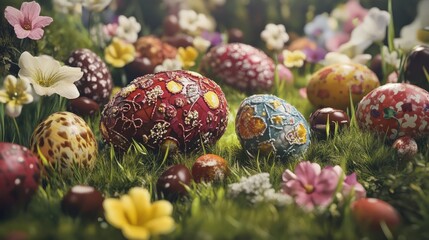 Easter eggs decorated in a field of flowers and green grass.