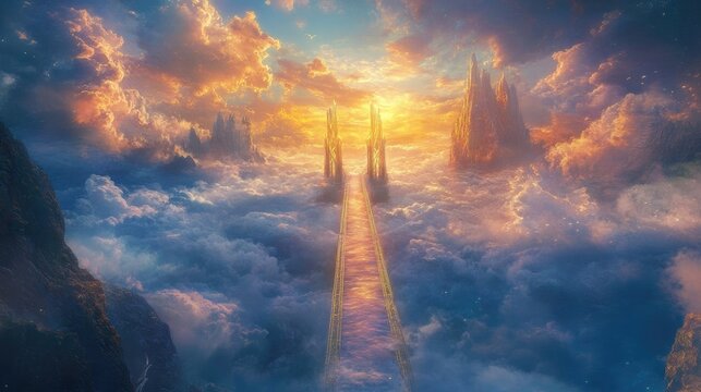 A peaceful scene of the Bifrost Bridge at twilight, with its colors shimmering softly, leading toward the golden gates of Asgard, with clouds drifting by.
