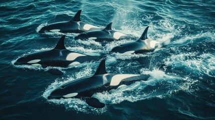 Naklejka premium A pod of orcas swimming together in the open ocean, their sleek black and white bodies cutting through the water as they move in unison.