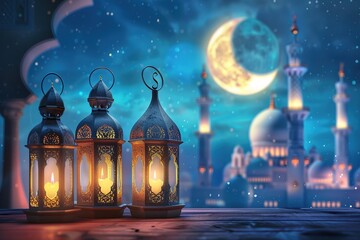 Obraz premium Holy month of Ramadan concept. Burning, lighting, glowing Ramadan Lantern on white table on the background of a dark blue textured wall. Greetings card. Place for text on the left.