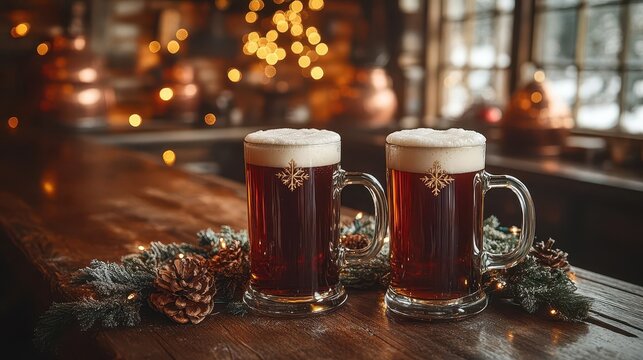 cozy winter tavern scene with rustic wooden bar gleaming copper brew kettles string lights and frosty mugs of dark holiday ale topped with creamy foam