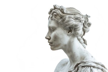 A detailed view of a female statue's facial features