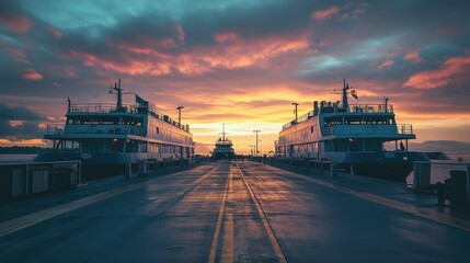 A vacant ferry terminal at sunset, the boats docked and the sky painted with hues of orange and pink, but no travelers in sight.