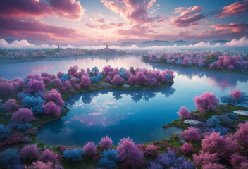 magical nature with purple grass and beautiful lake water